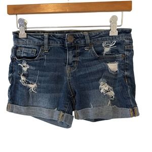 Aeropostale Midi Distressed‎ Blue Denim Shorts with Rolled Cuffs 0 Pre-owned